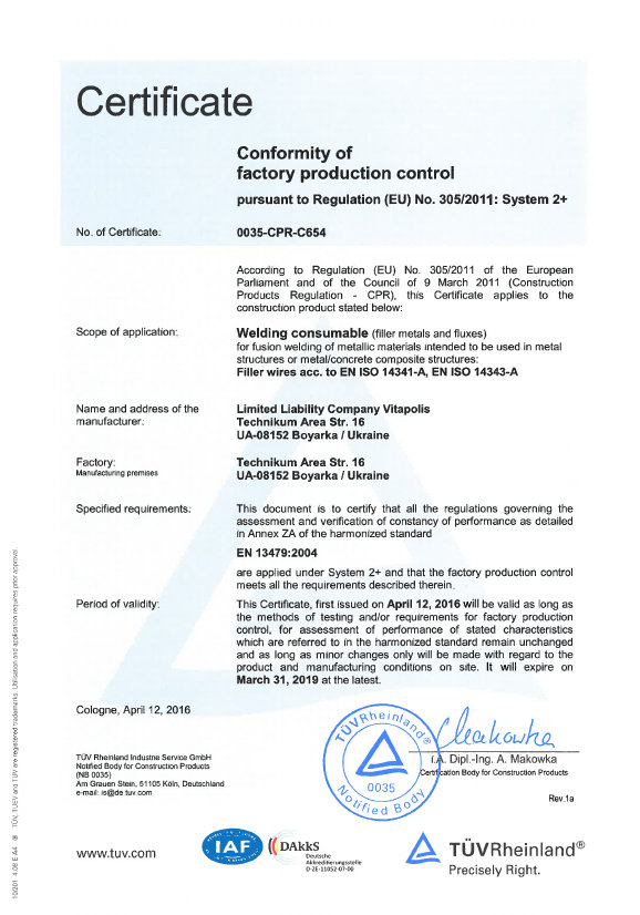 Certificate of conformity of the factory production control